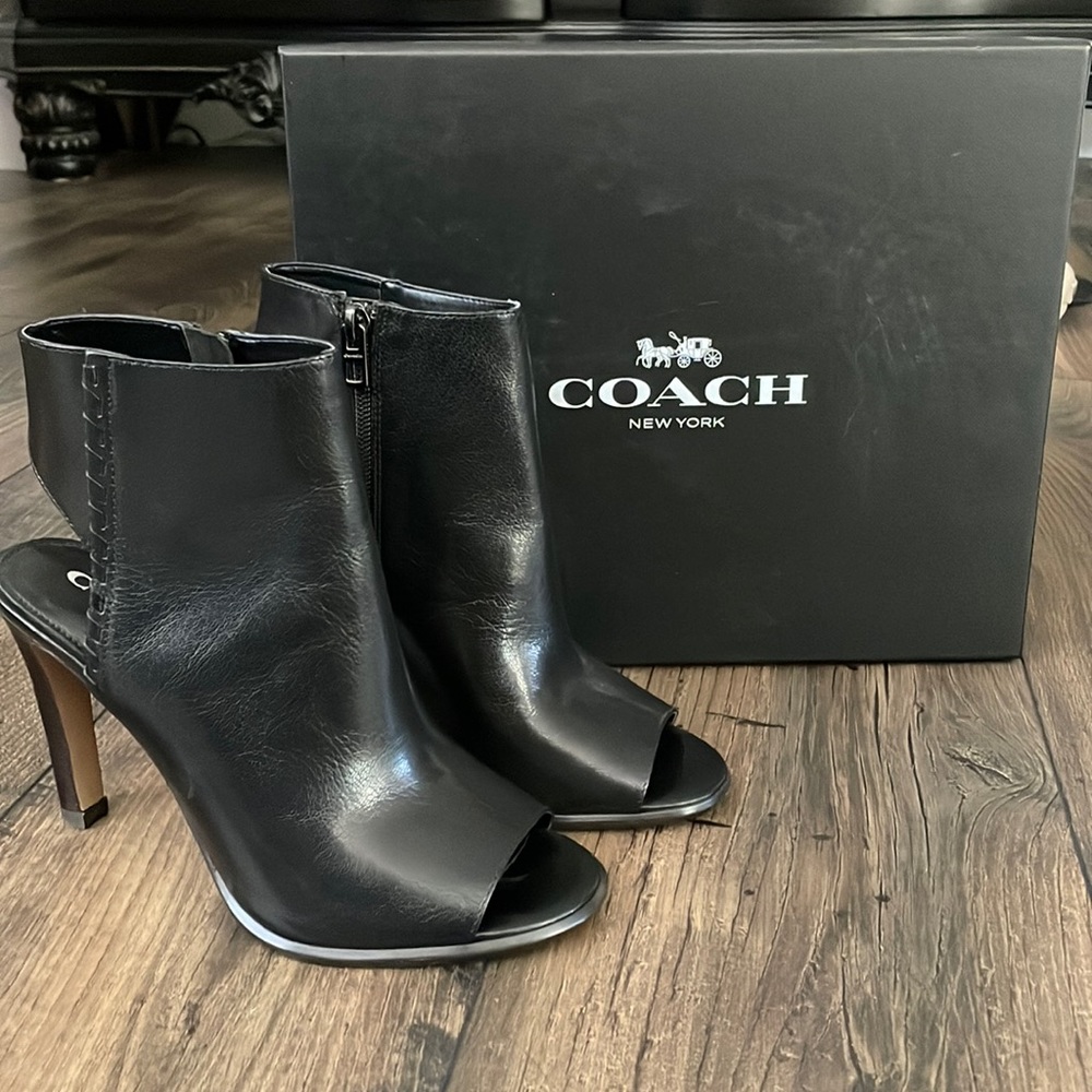 COACH open toe booties/heels. NEVER WORN.
